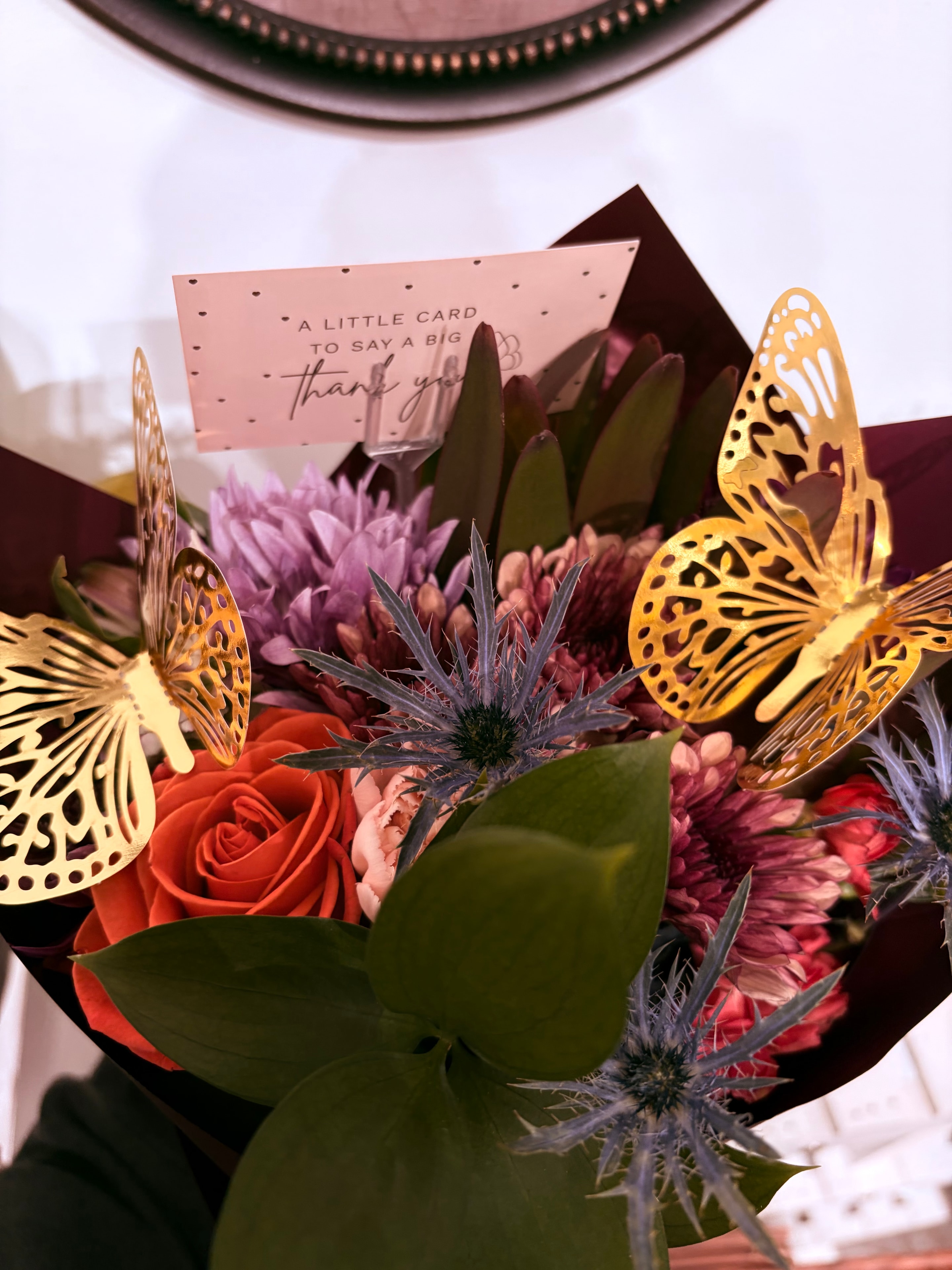 Thank you card flower bouquet with gold butterflies